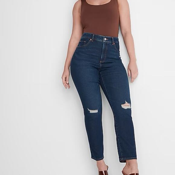 Express Slim Super High Rise Dark Wash with Tears at Knee Size 6S - Picture 1 of 8